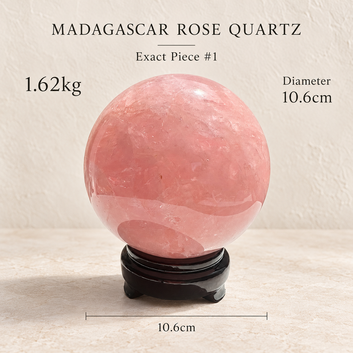 Madagascar rose quartz sphere #1, 1.62kg, diameter10.6cm — 08-specification