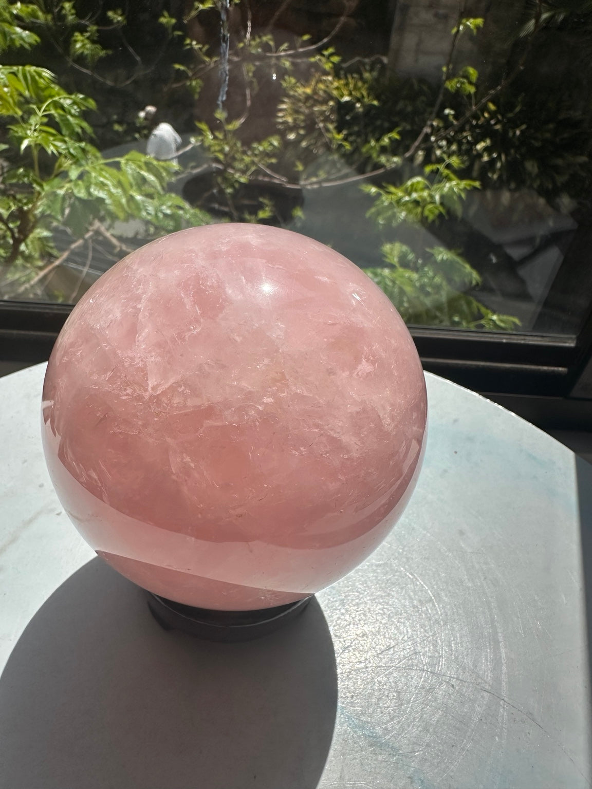 Original unedited natural-light photograph of Madagascar rose quartz sphere #1, 1.62kg, 10.6cm