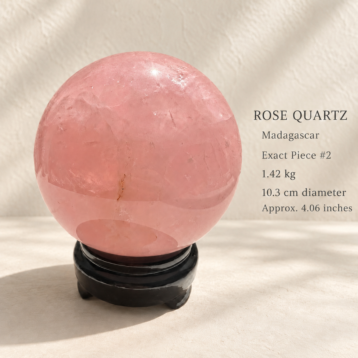 Madagascar rose quartz sphere #2, 1.42kg, 10.3cm / approximately 4.06 inches; specification