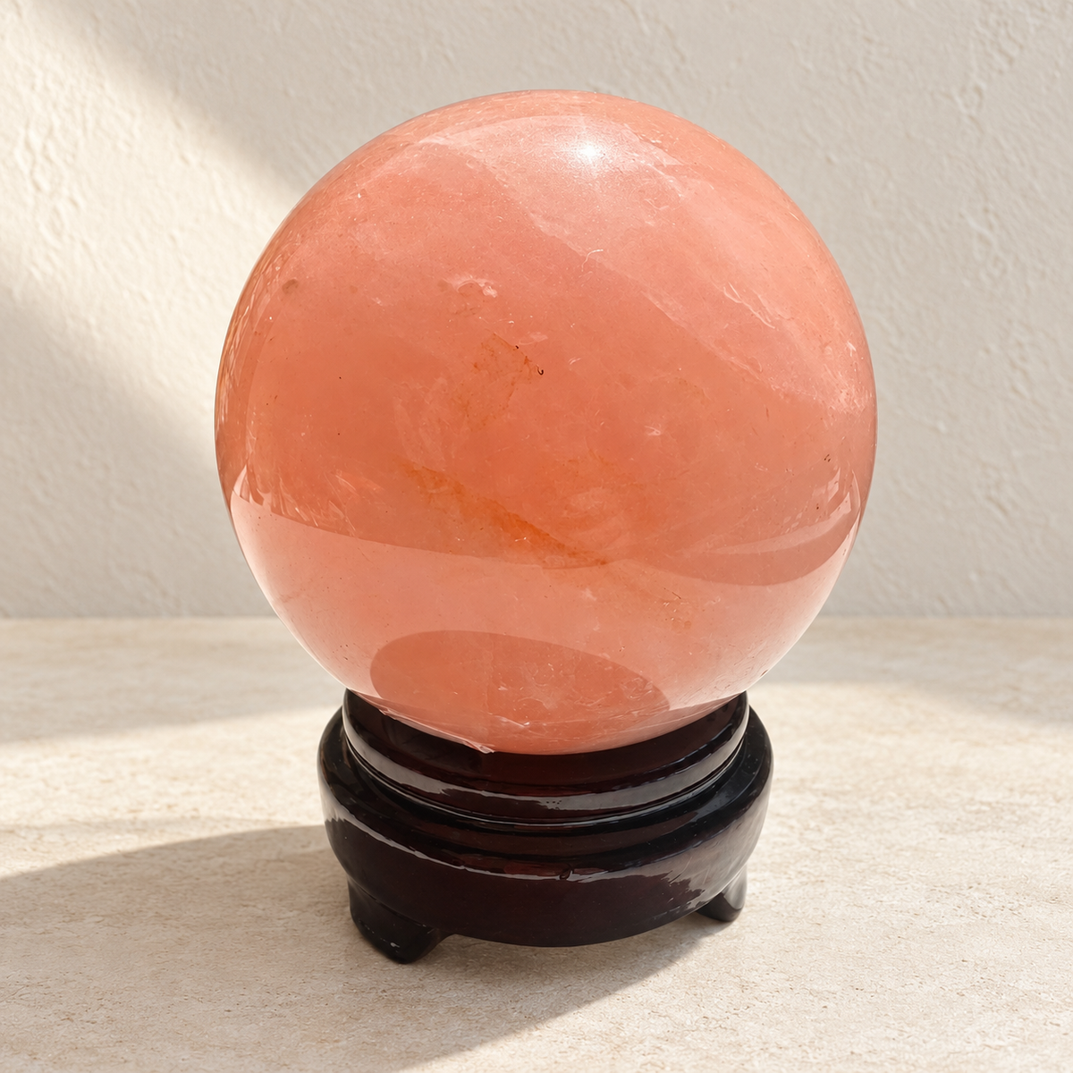 Exact Madagascar rose quartz sphere #4 with stand, 936g, 9cm / approximately 3.54 inches; detail