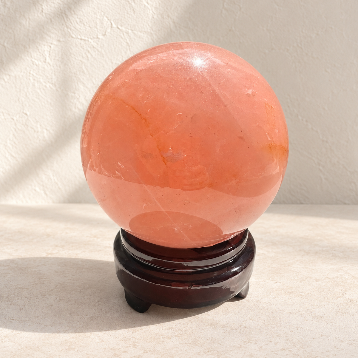Exact Madagascar rose quartz sphere #4 with stand, 936g, 9cm / approximately 3.54 inches; inclusions