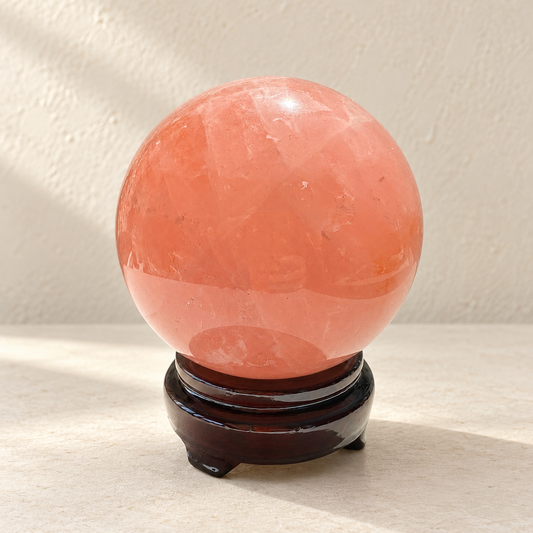 Exact Madagascar rose quartz sphere #4 with stand, 936g, 9cm / approximately 3.54 inches; main