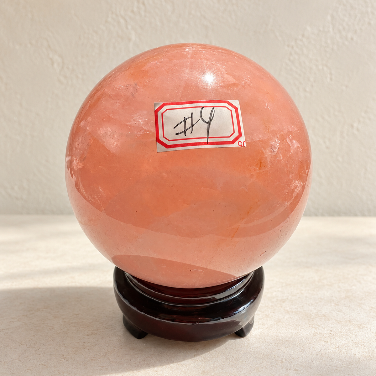 Exact Madagascar rose quartz sphere #4 with stand, 936g, 9cm / approximately 3.54 inches; number