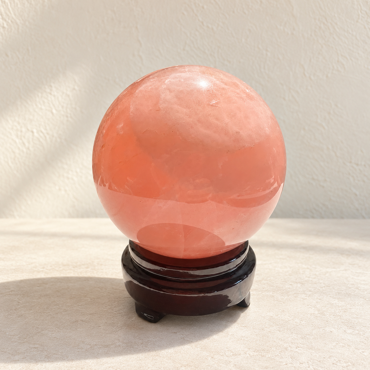 Exact Madagascar rose quartz sphere #4 with stand, 936g, 9cm / approximately 3.54 inches; reverse