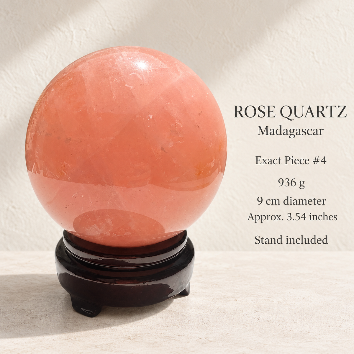 Exact Madagascar rose quartz sphere #4 with stand, 936g, 9cm / approximately 3.54 inches; specification