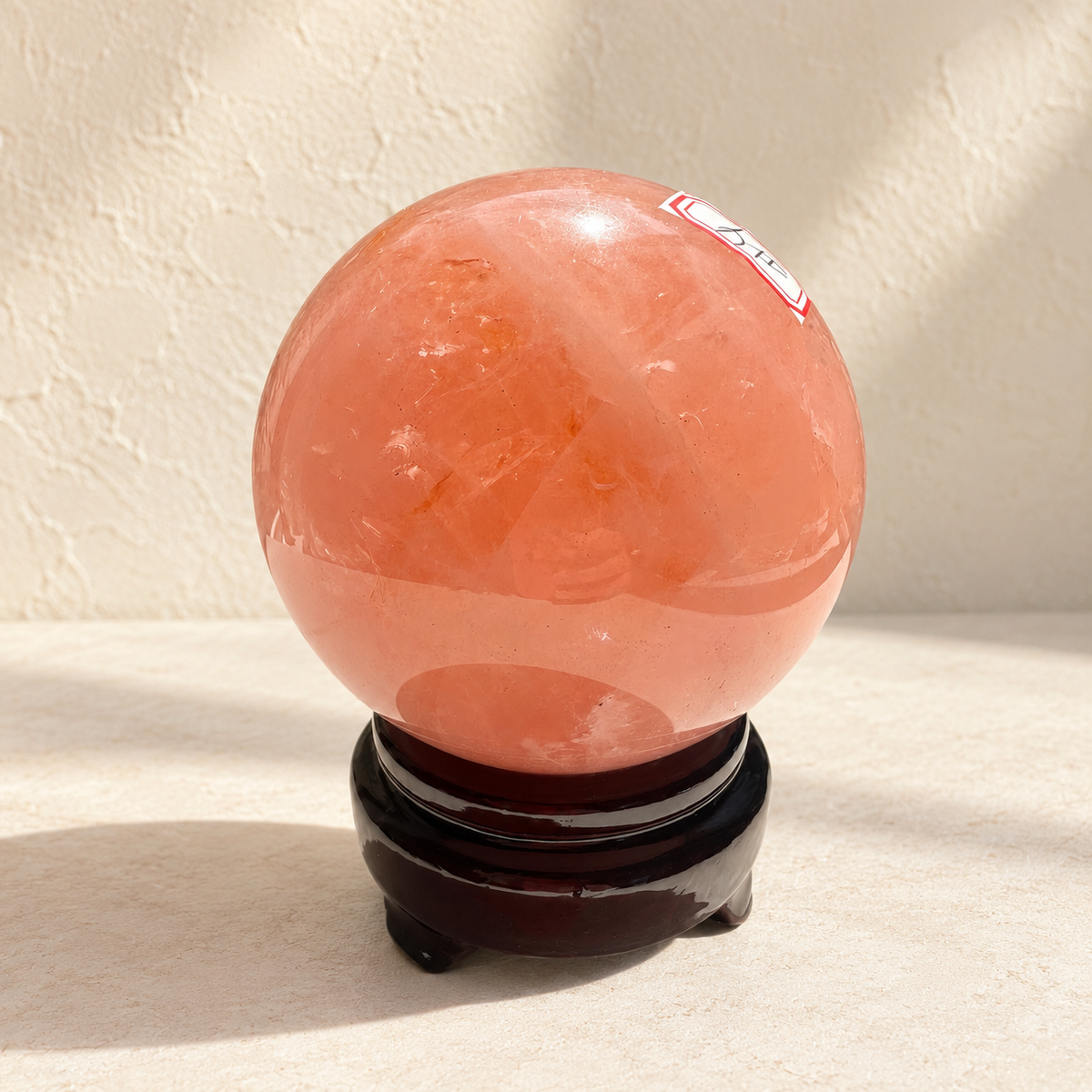 Exact Madagascar rose quartz sphere #4 with stand, 936g, 9cm / approximately 3.54 inches; veils