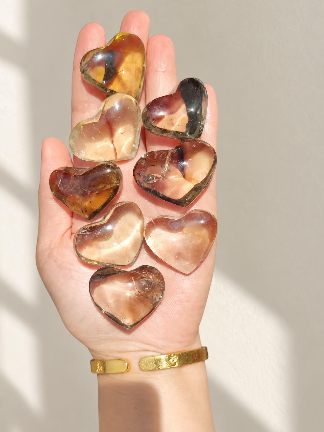 Brazilian Citrine Puffy Heart, detailed view 4 in soft indoor light.