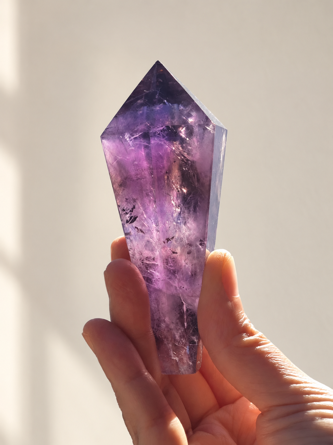 Brazilian Amethyst Wand, detailed view 2 in soft indoor light.