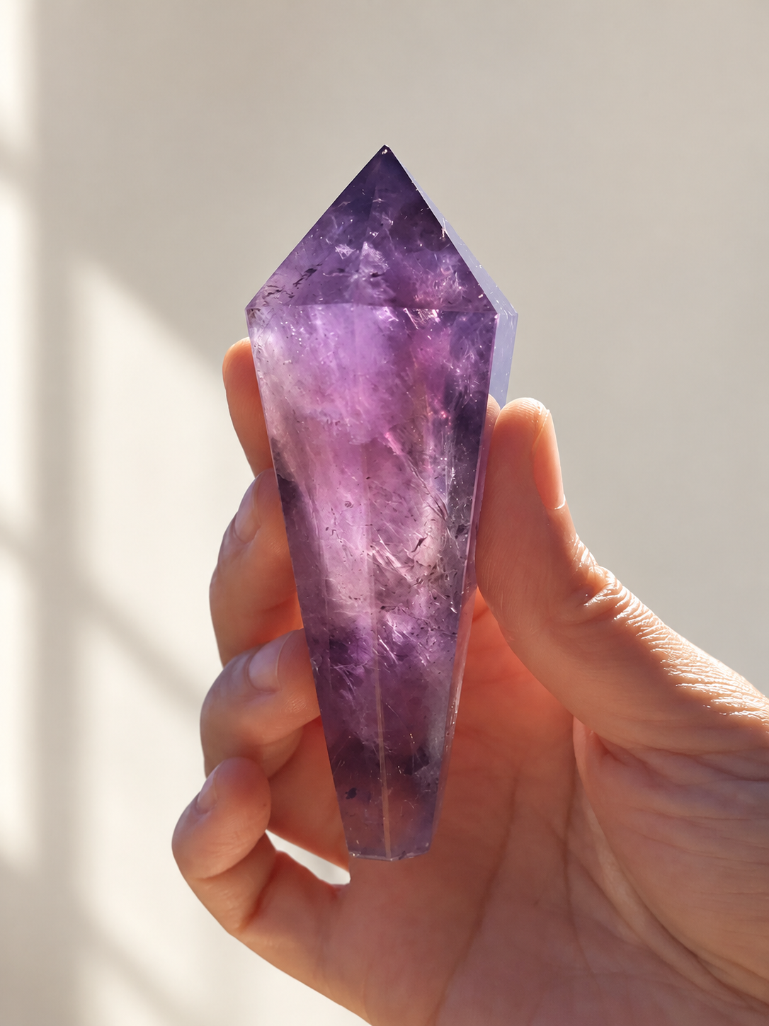 Brazilian Amethyst Wand, detailed view 5 in soft indoor light.