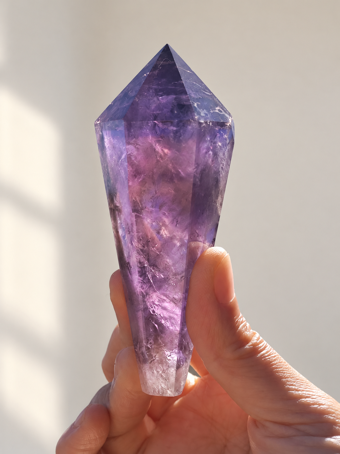 Brazilian Amethyst Wand, detailed view 6 in soft indoor light.