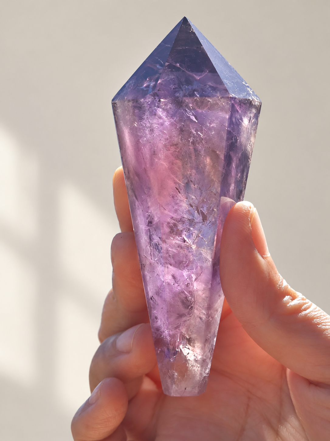 Brazilian Amethyst Wand, detailed view 8 in soft indoor light.