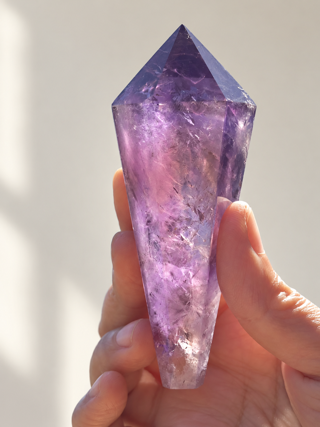 Brazilian Amethyst Wand, detailed view 9 in soft indoor light.