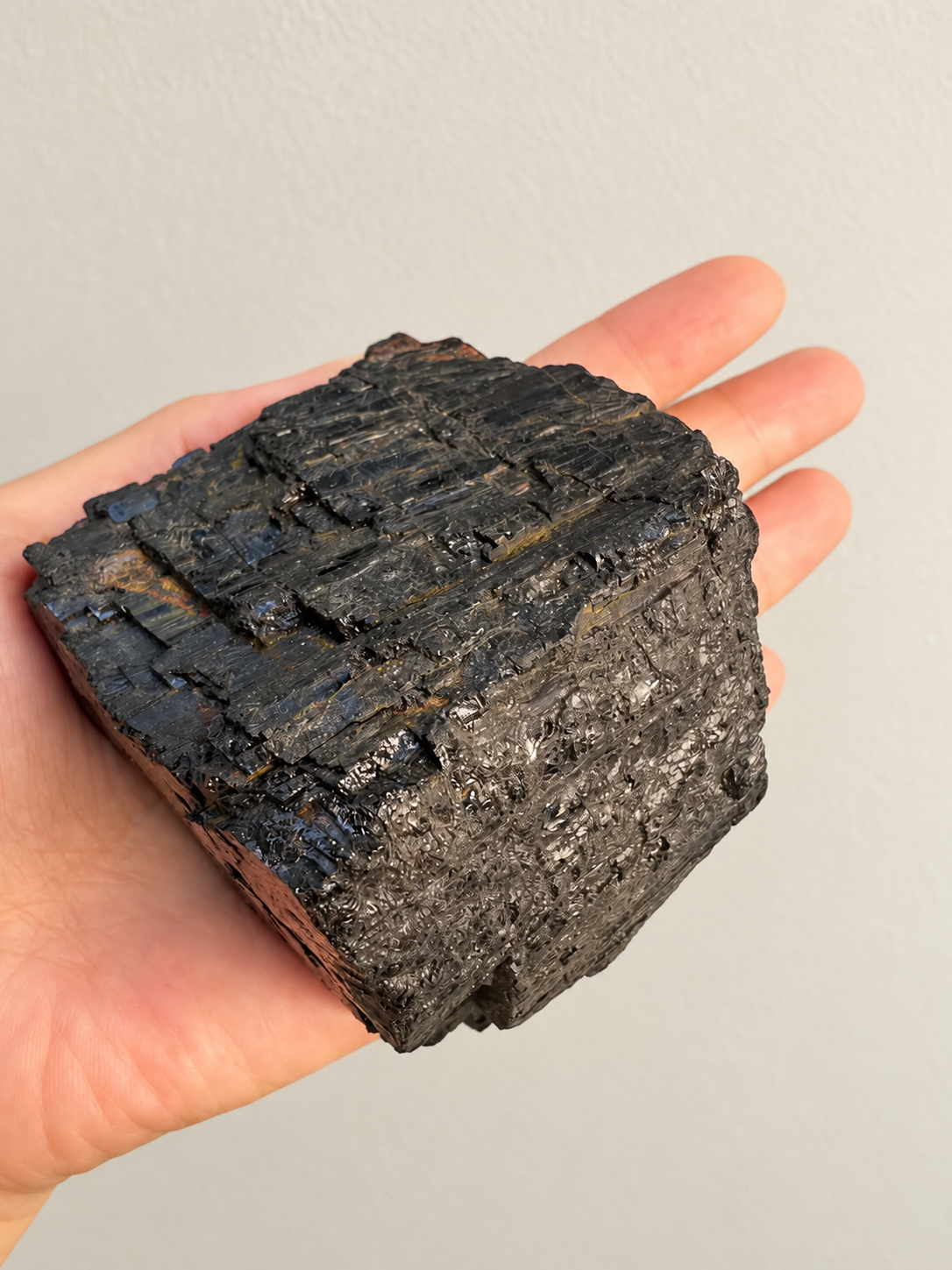Large Raw Black Tourmaline Chunk, detailed view 4 in soft indoor light.