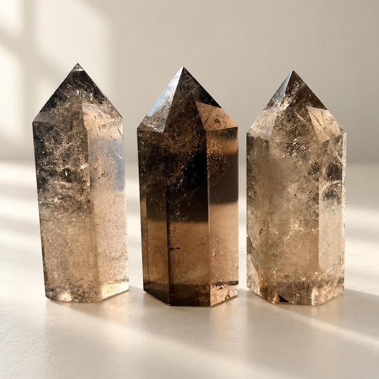 Smoky quartz tower in soft indoor light.