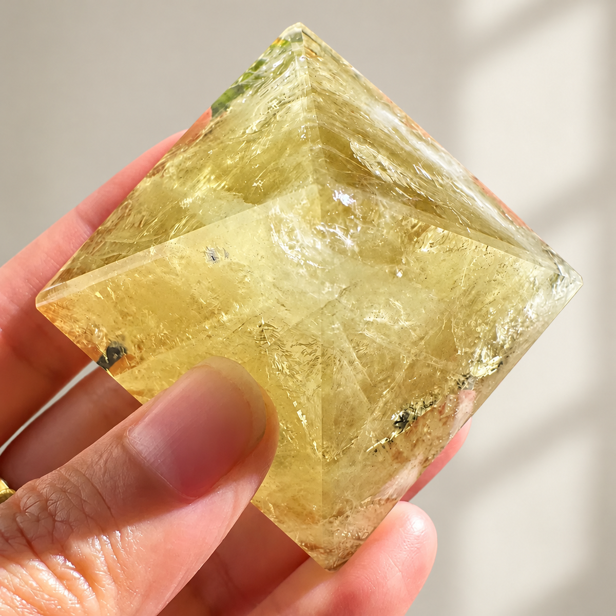 Citrine Pyramid, detailed view 7 in soft indoor light.