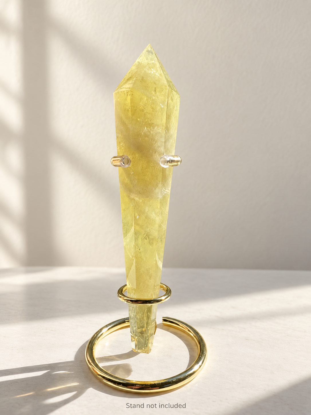 Citrine Quartz Wand, detailed view 9 in soft indoor light.