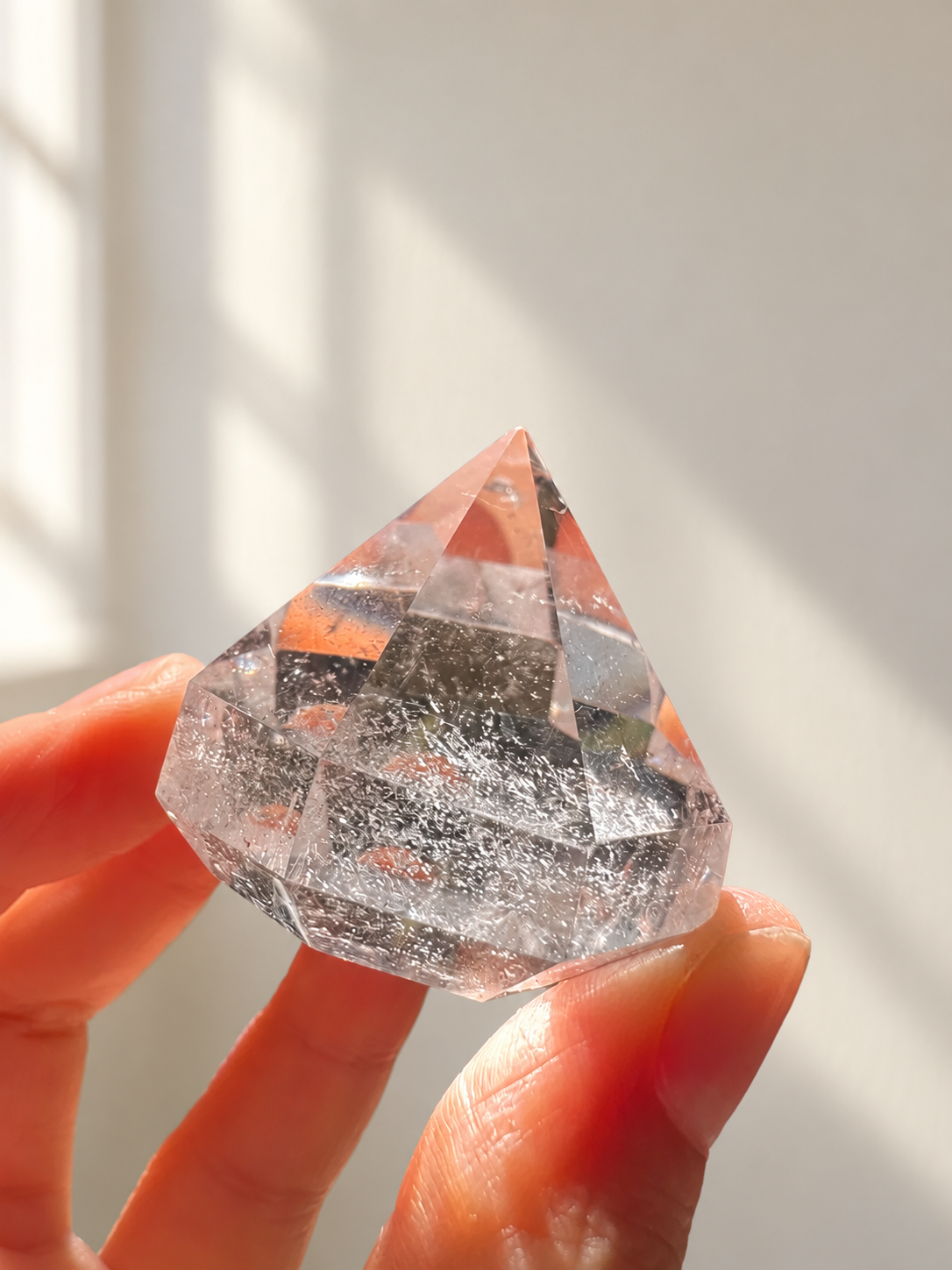 Clear Quartz Diamond, detailed view 3 in soft indoor light.