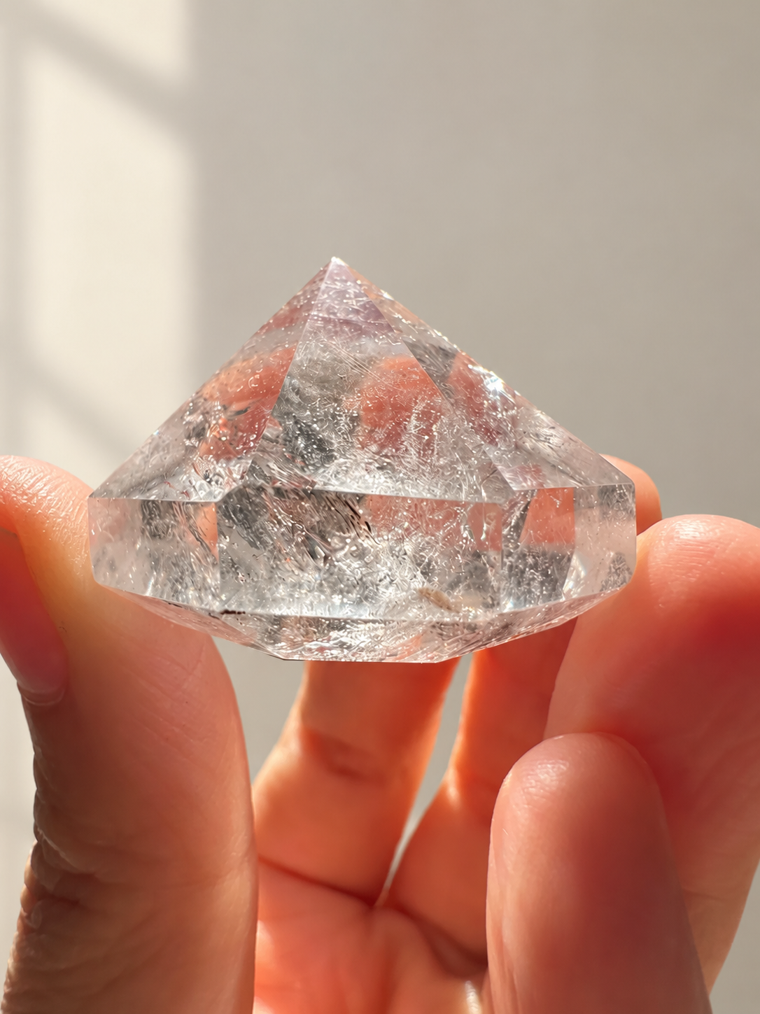 Clear Quartz Diamond, detailed view 4 in soft indoor light.