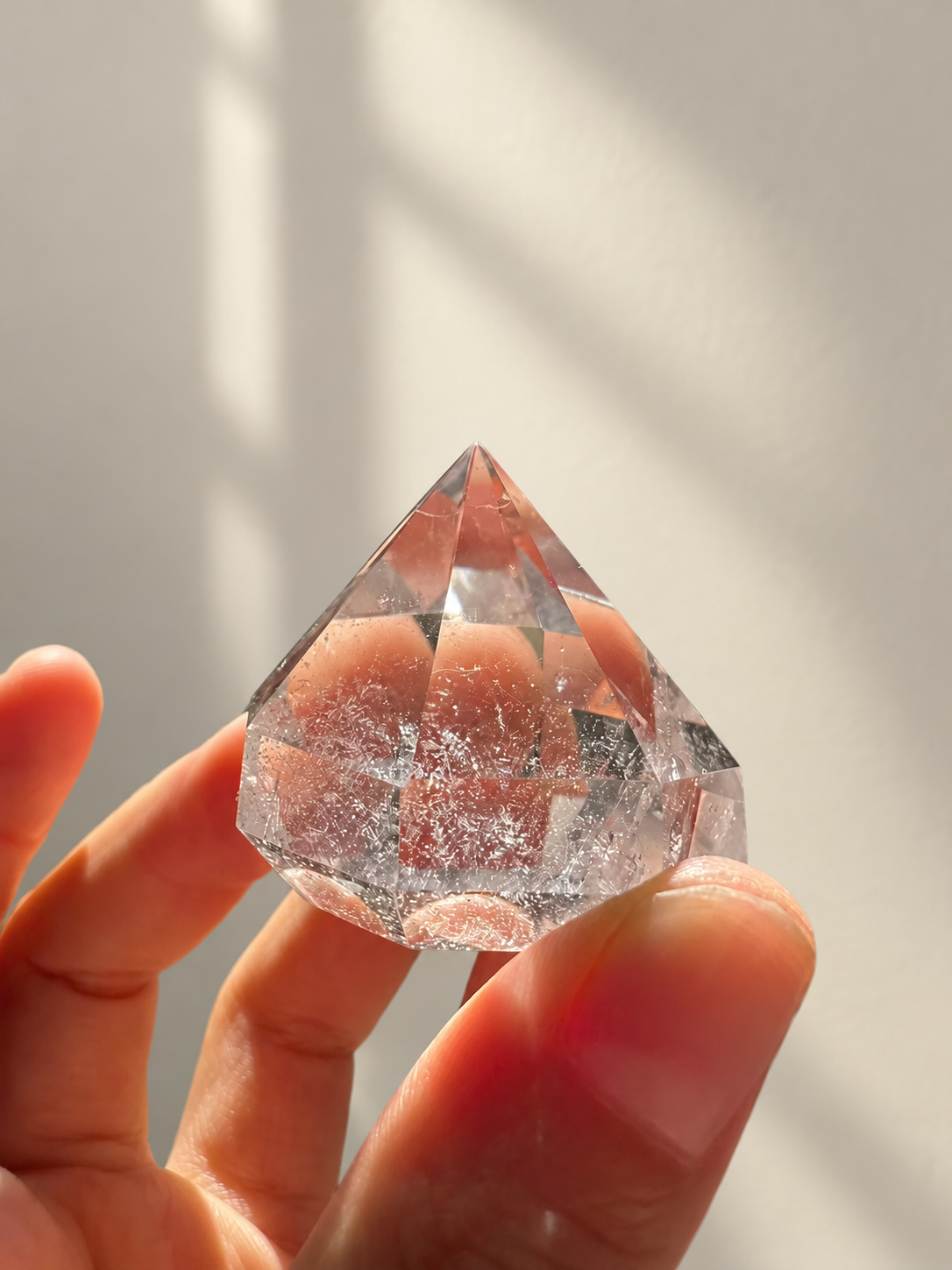 Clear Quartz Diamond, detailed view 7 in soft indoor light.