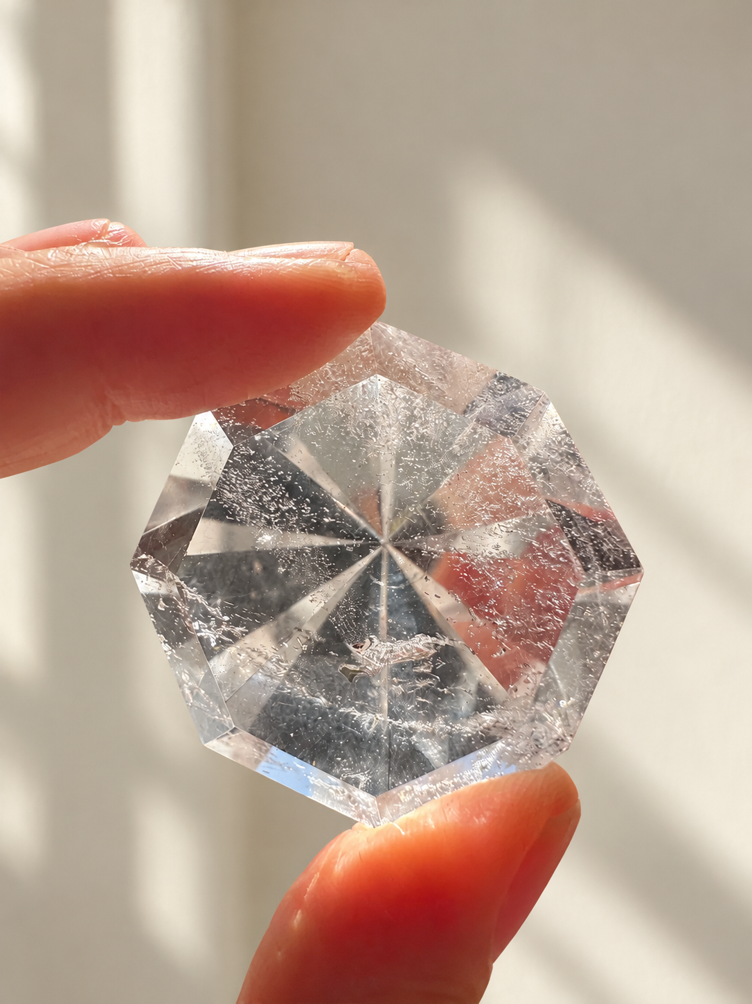 Clear Quartz Diamond, detailed view 8 in soft indoor light.