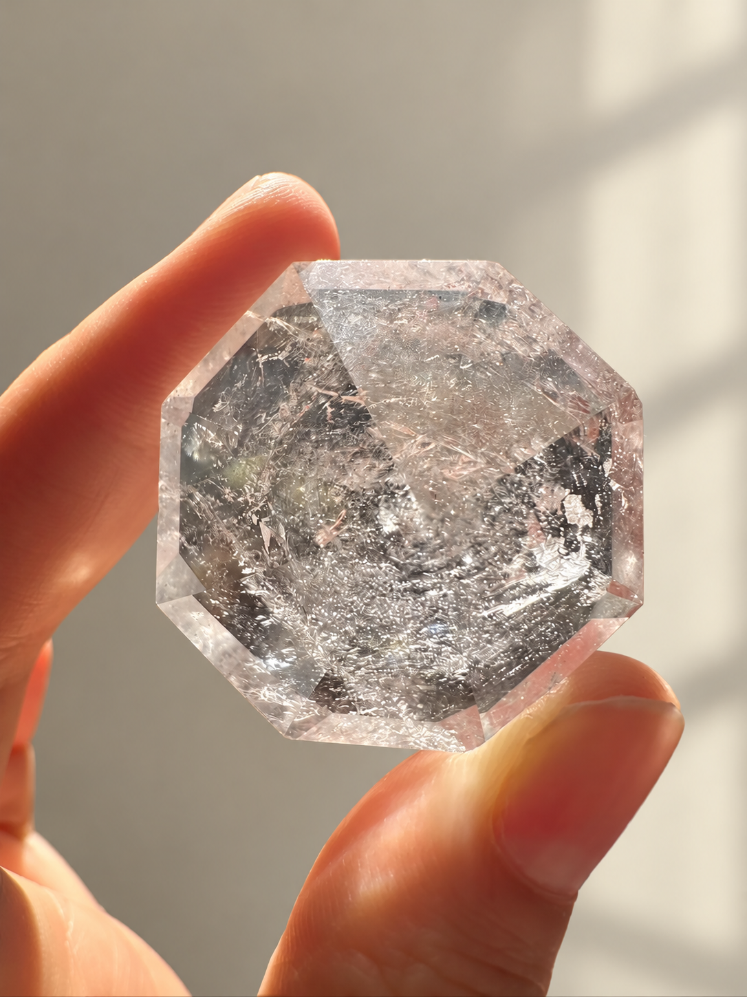 Clear Quartz Diamond, detailed view 9 in soft indoor light.