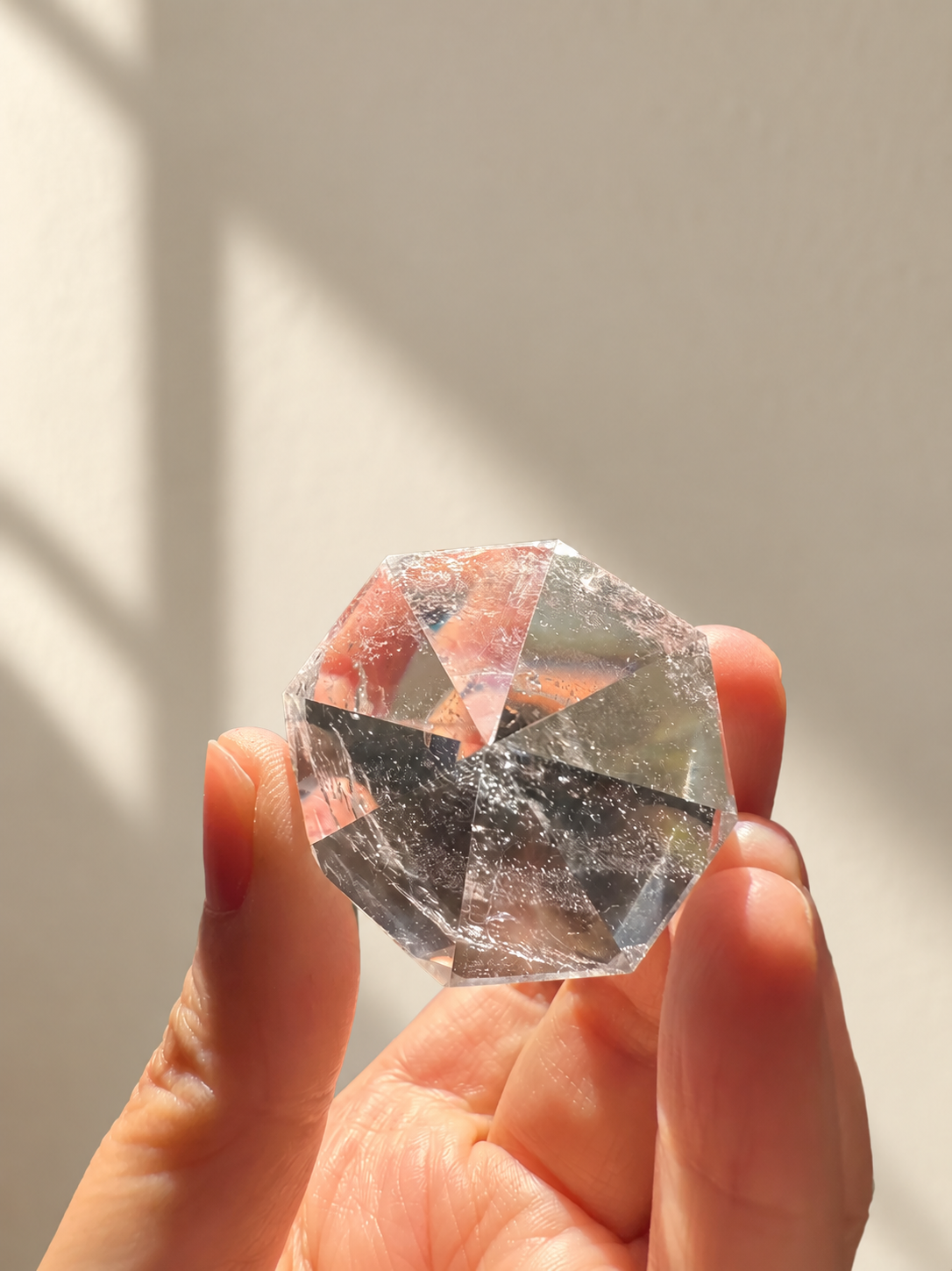 Clear Quartz Diamond, detailed view 11 in soft indoor light.