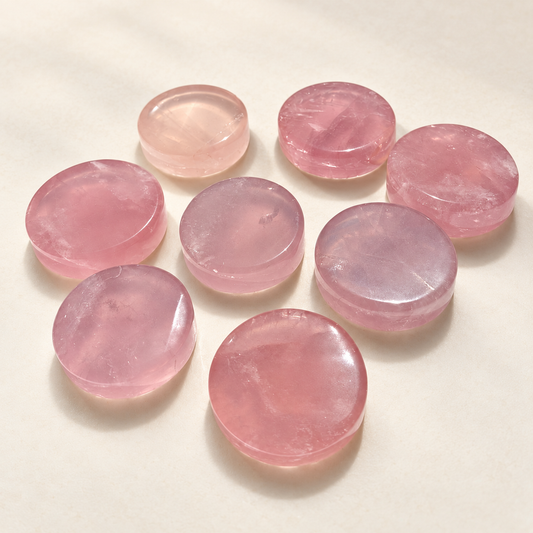 Mozambique rose quartz round mini dishes in soft pink tones, shallow polished bowls, group view