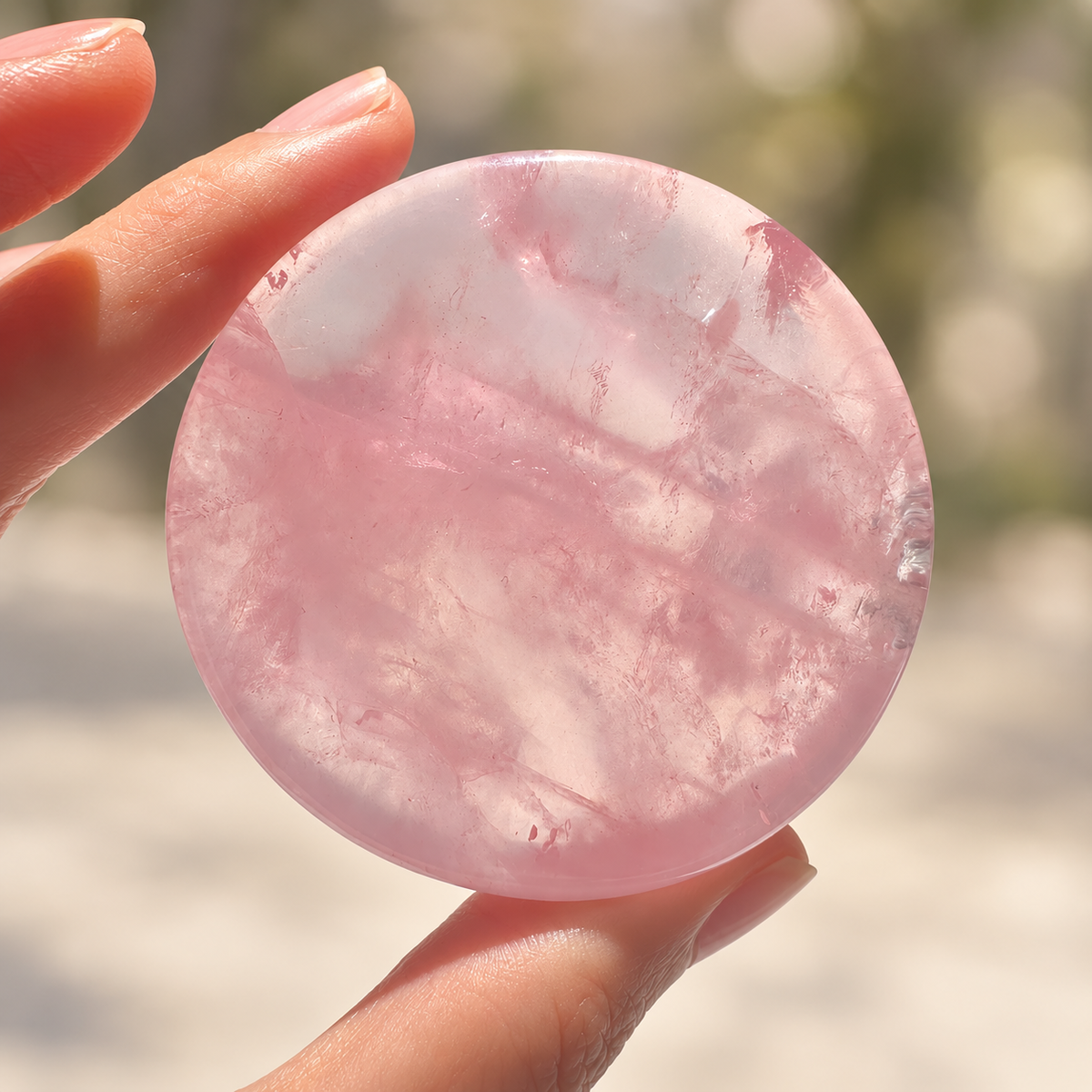 Hand-held rose quartz dish showing translucent pink stone and natural internal veils