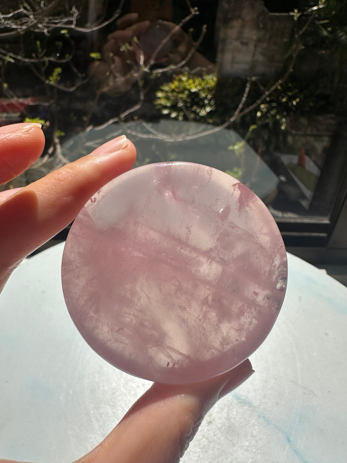 Original hand-held rose quartz dish image showing real size and natural inclusions