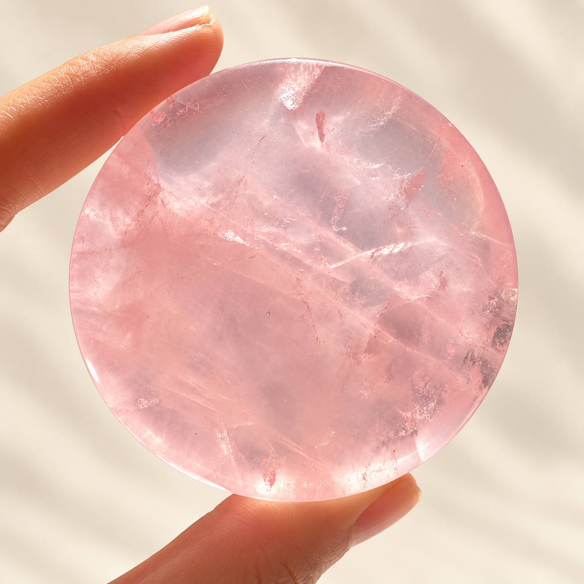 Backlit rose quartz dish revealing translucent soft pink colour and internal patterns
