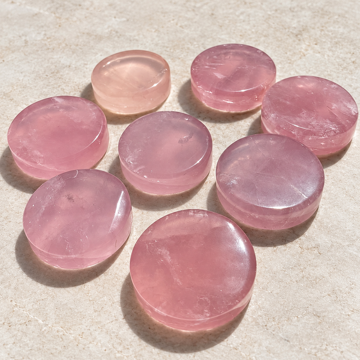 Group of polished pink rose quartz shallow dishes with visible sidewalls