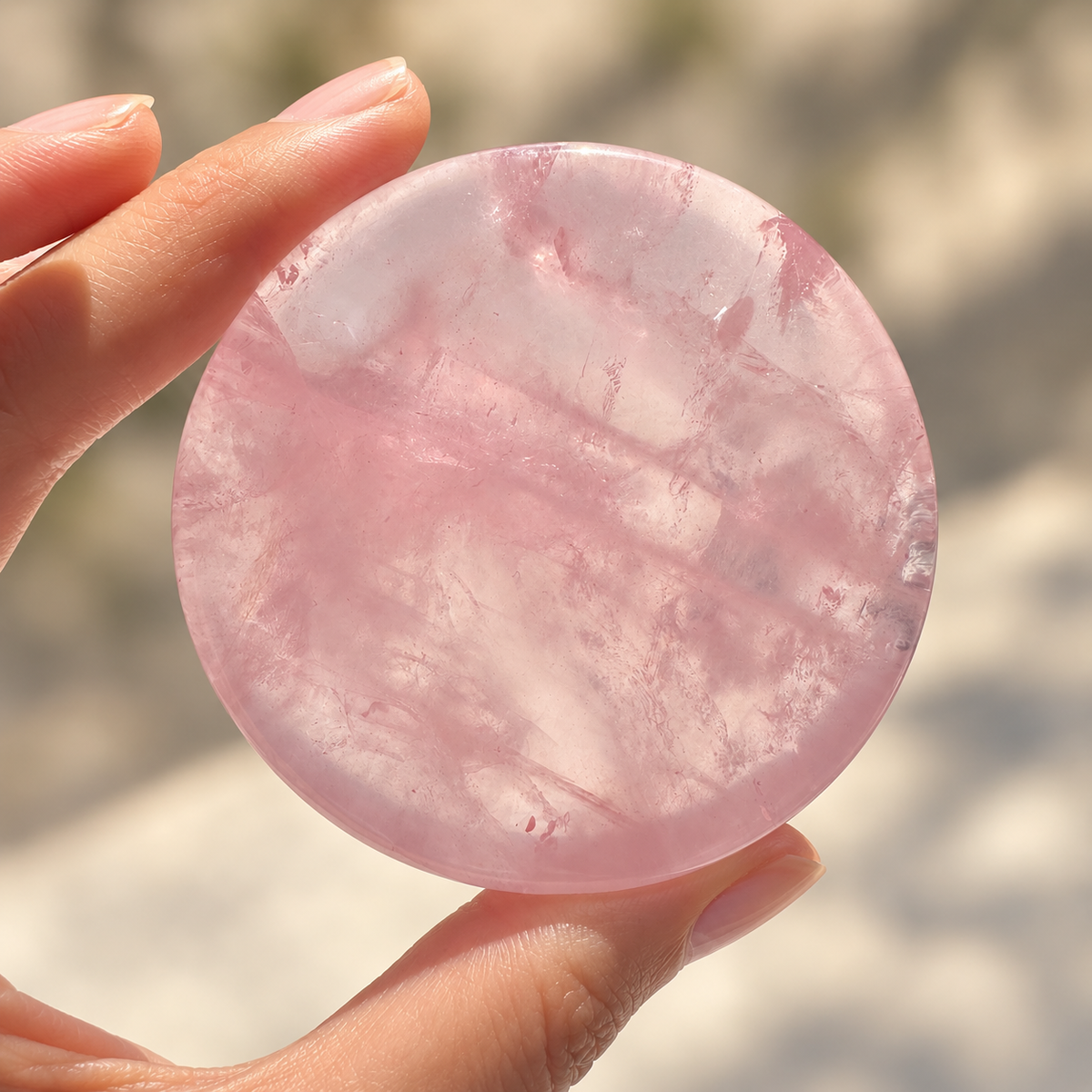 Rose quartz mini dish held in fingers to show scale and internal natural veils