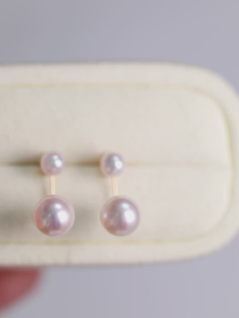 AAAAA Clean Top Grade Akoya double Pearls Earrings , 8.3mm authentic natural akoya pearls with 18K Solid yellow Gold