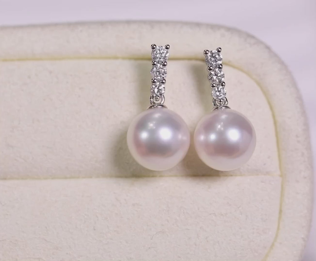 8.5mm AAAAA Akoya Pearl Earrings w/ Diamond | 18K Solid White Gold | Top Grade Pearl Earrings