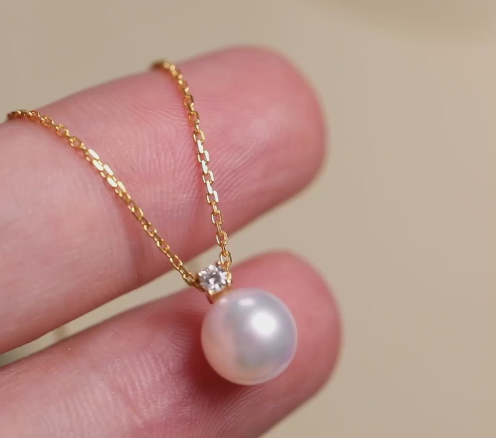 8.1mm AAAAA Akoya Pearl Necklace w/ Diamond (0.05ct) | 18K Yellow Solid Gold | Luxury Jewelry
