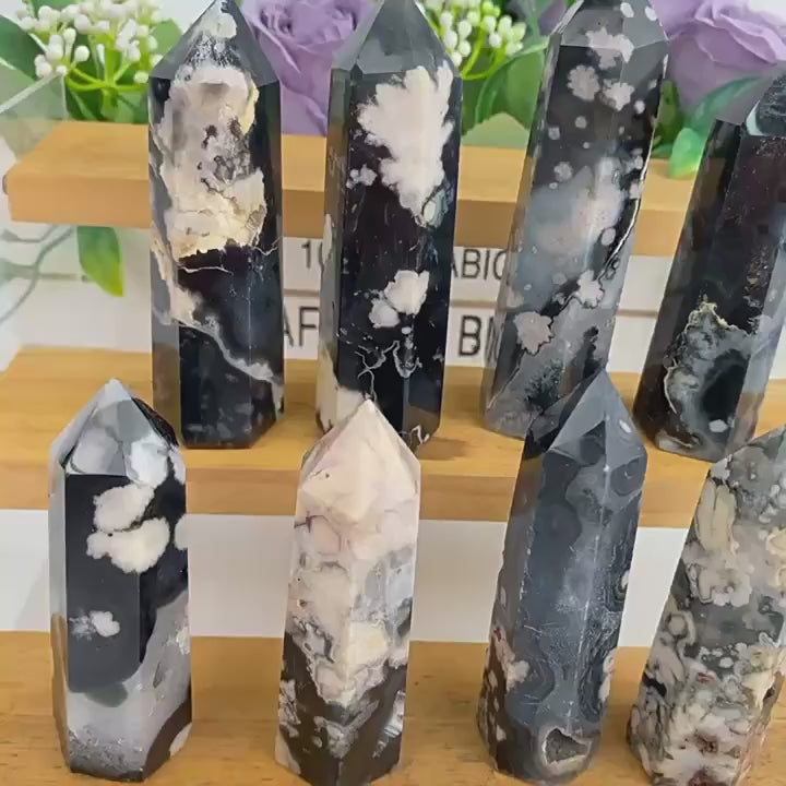 Black Flower Agate Tower | Natural Crystal Point