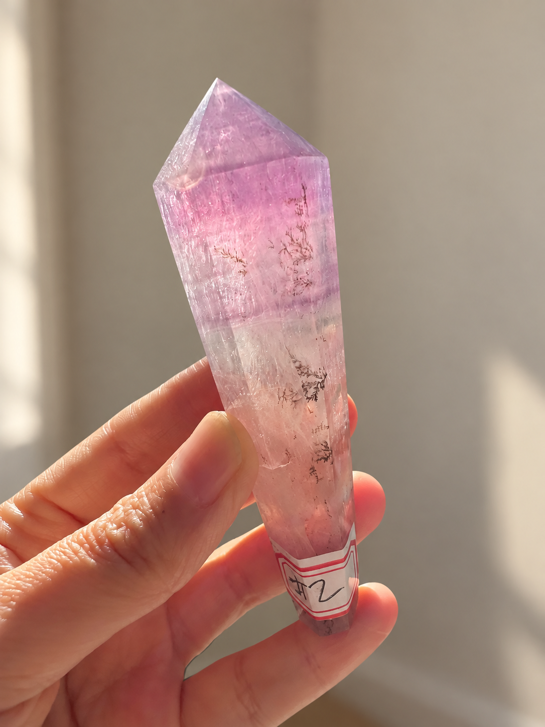 Purple fluorite wand #2, soft indoor natural light, view 1