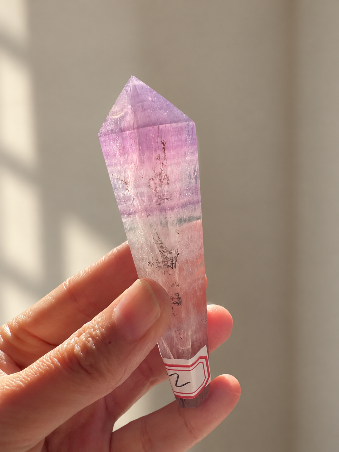 Purple fluorite wand #2, original view 3, soft indoor light