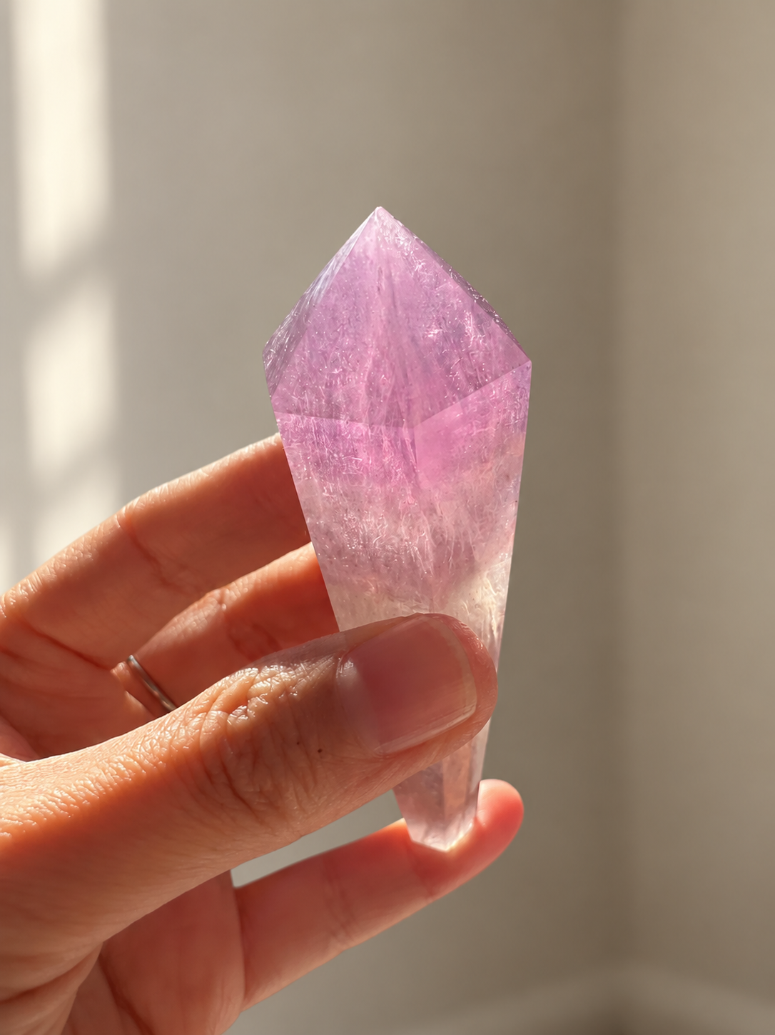 Purple fluorite wand #2, original view 10, soft indoor light