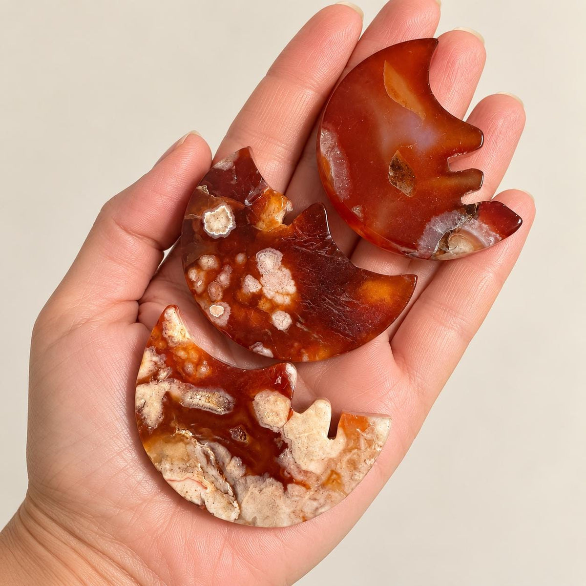 Red agate moon carving for grounding, meditation, altar decor or pocket stone use