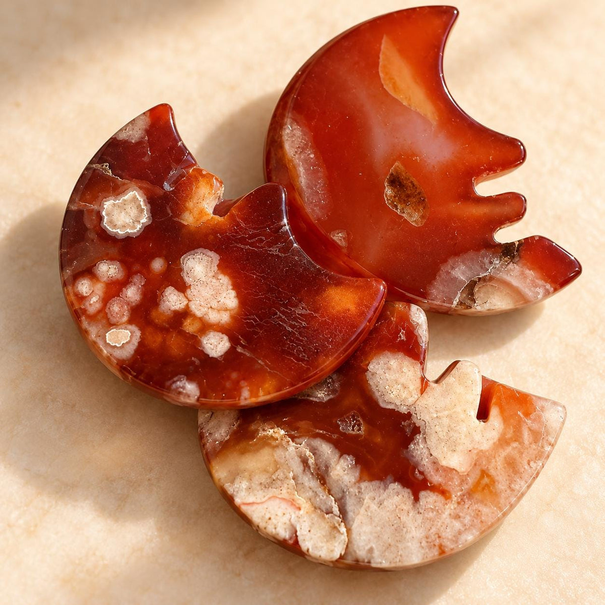 Madagascar red agate smiling moon crystal, natural colour and pattern variation