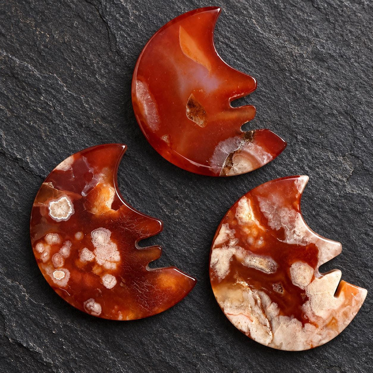 Unique red agate crescent moon pocket stone and spiritual crystal gift