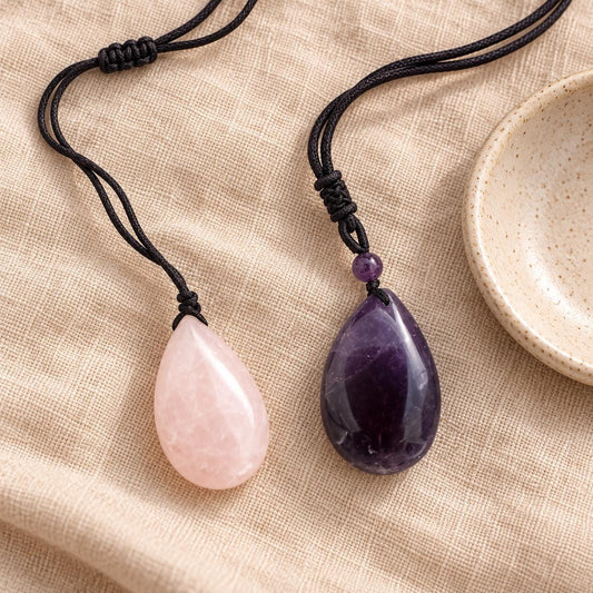Rose Quartz and Dream Amethyst teardrop crystal necklaces on adjustable black cords, approximately 4cm