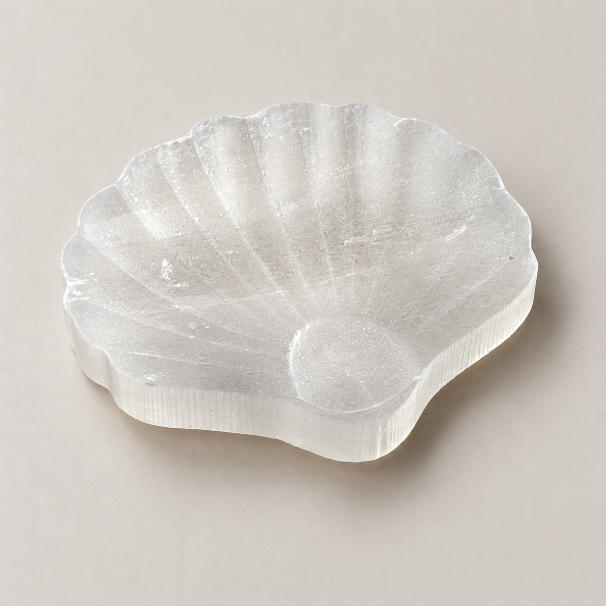 Selenite shell carving with natural surface texture and a scalloped outline, photographed on a neutral background.