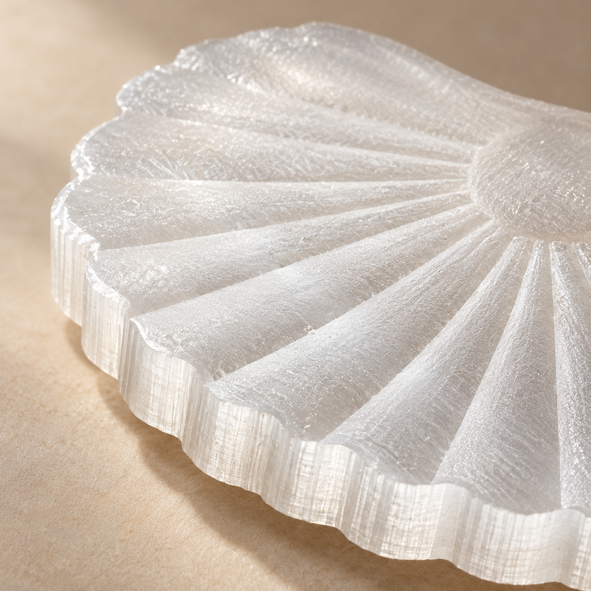 Macro detail of the selenite shell's scalloped edge, radial carved grooves and fibrous crystal striations.