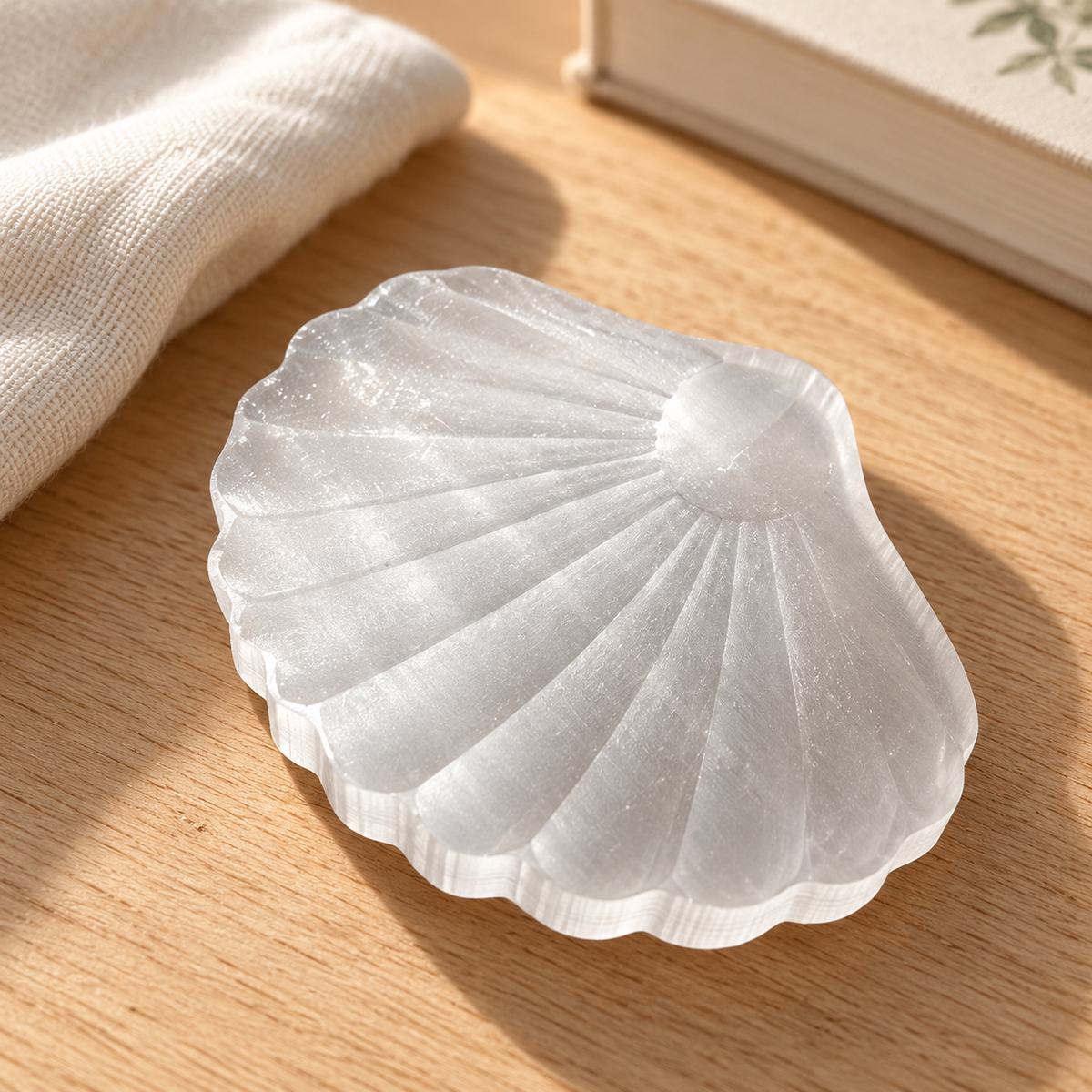 White selenite shell carving displayed on a pale wood table beside linen and a book; styling props are not included.