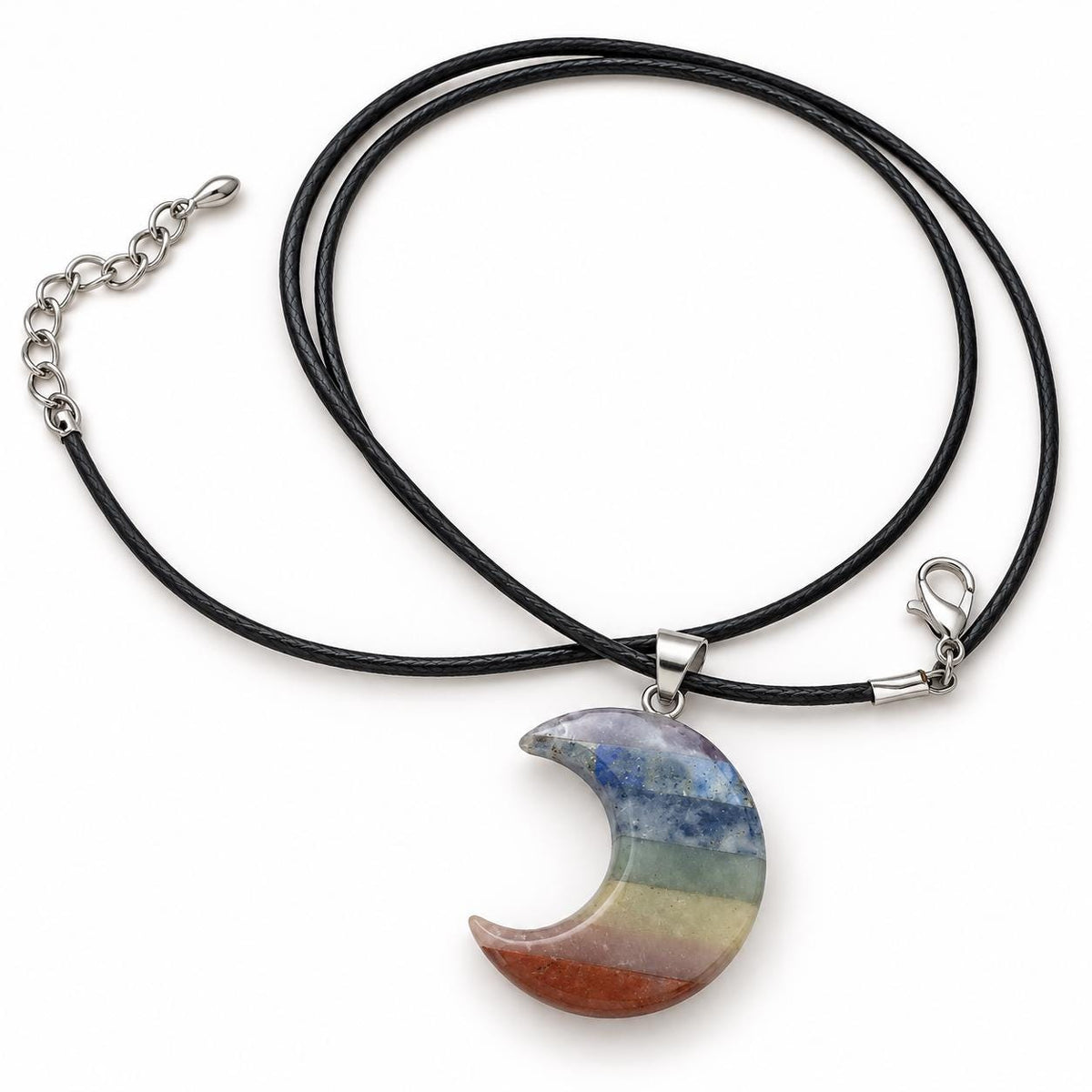 Seven chakra crescent moon pendant necklace with rainbow crystal layers and black cord