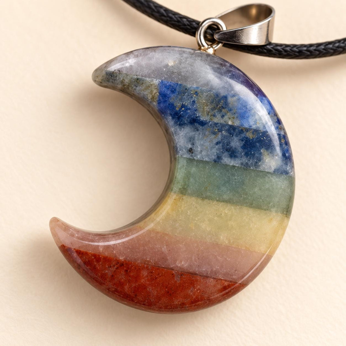 Rainbow seven chakra crystal moon necklace, approximately 3.5cm, on adjustable black cord