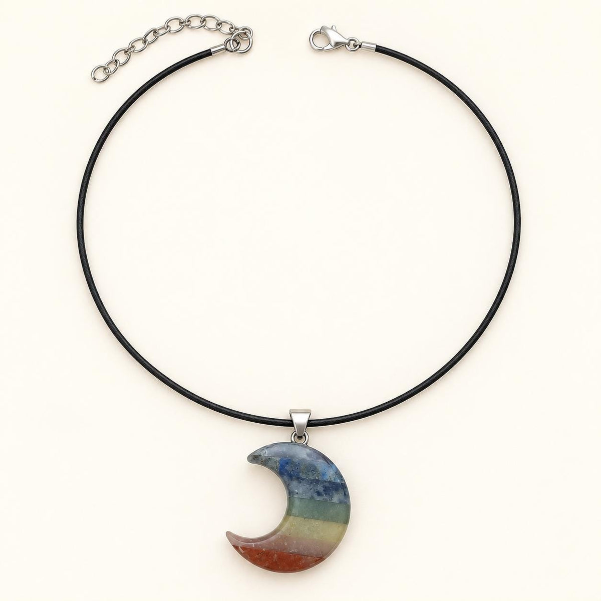 Rainbow chakra crescent moon gemstone pendant, 3.5cm polished crystal necklace