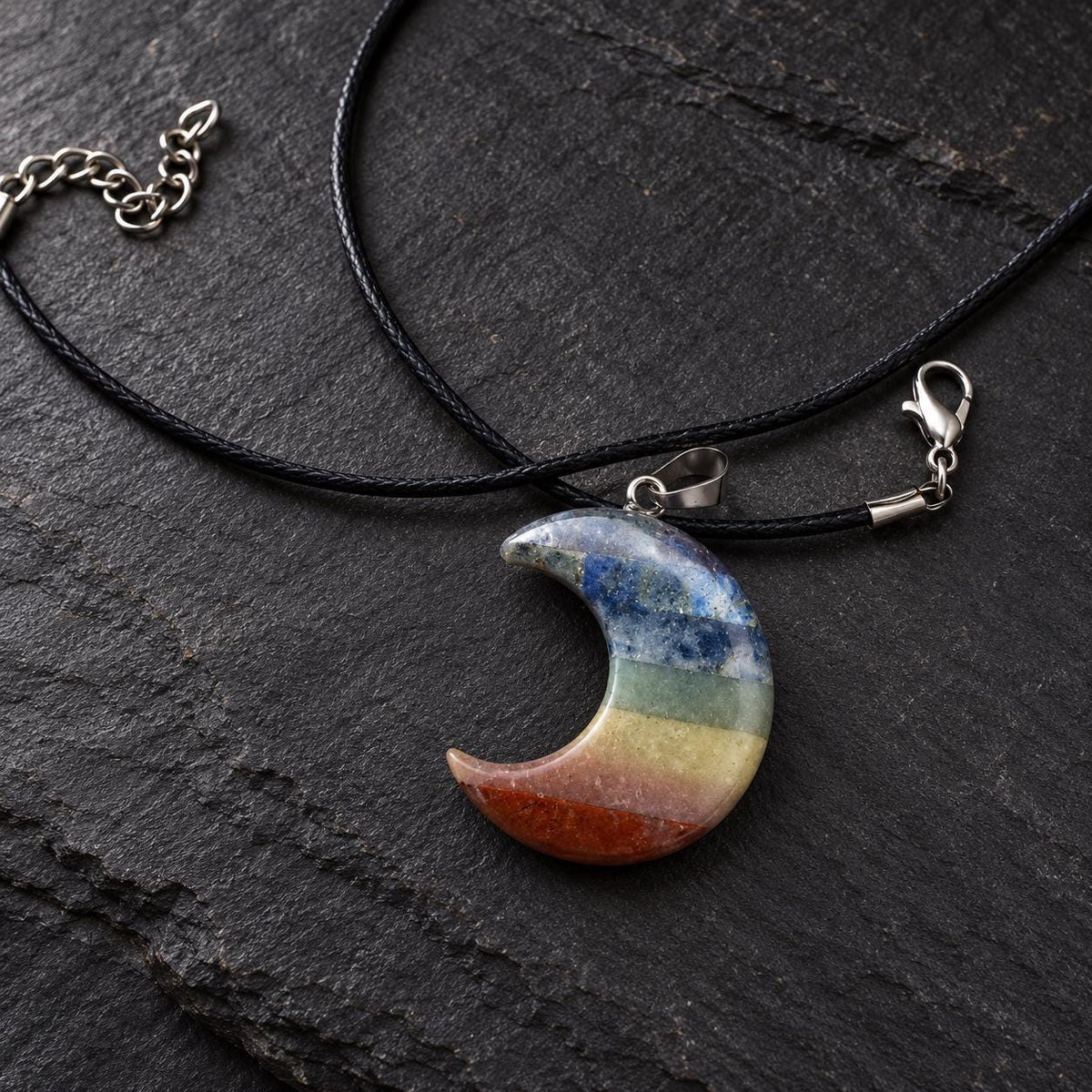 Colourful seven chakra moon necklace with natural gemstone variation